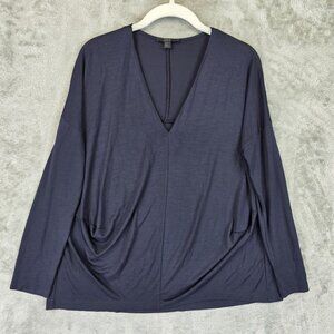 COS Shirt Womens XS Navy Blue Draped V Neck Lyocell Long Sleeve Top Minimalist